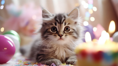 cute cat kitten celebrating his birthday with party and cakeの素材