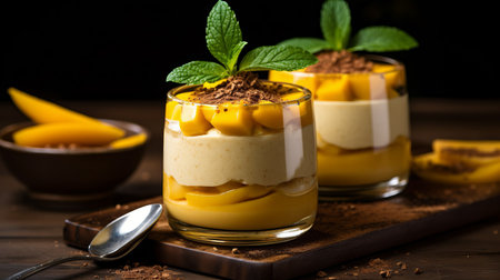 Mango fruit tiramisu dessert closeup viewの素材