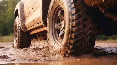 Truck car spins its wheels in the mud closeupの素材