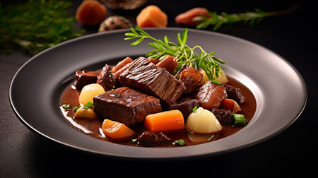 Beef bourguignon plate a traditional French beef stew in red wine sauceの素材