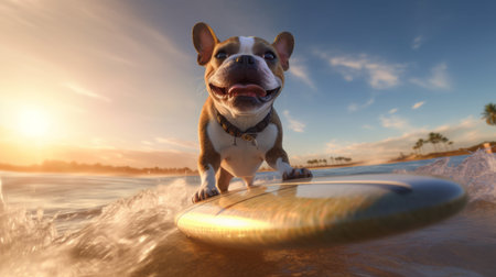 Cute dog surfing waves on a surfboardの素材