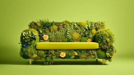 Couch furniture made of living plants on green background - eco design conceptの素材