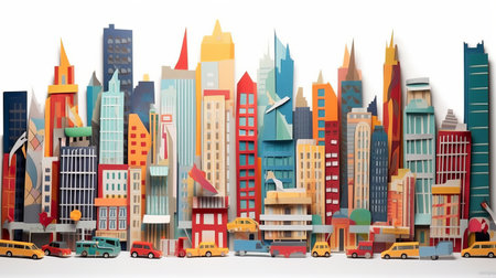 Colorful cityscape illustration made of paper in Japanese origami styleの素材