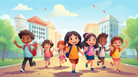 Cartoon illustration of kids group going back to schoolの素材