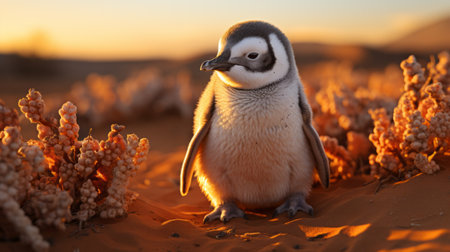 Small penguin lost in the desert - climate change concept illustrationの素材