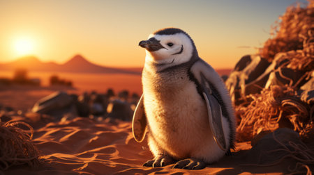 Small penguin lost in the desert - climate change concept illustrationの素材