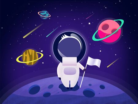 Astronaut standing on planet with a flagのイラスト素材