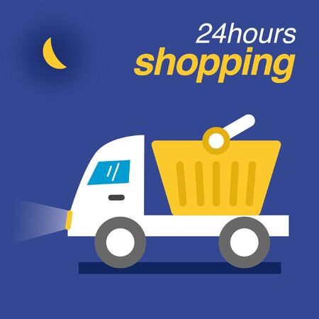 A truck delivery shopping cart at night. 24 hours shopping conceptのイラスト素材