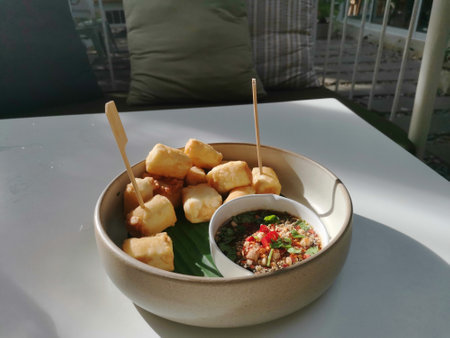 Thai food, Thai style fried tofu with sweet and sour sauceの写真素材
