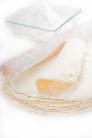 making fresh homemade pita bread ,with ingredients overa tableの写真素材