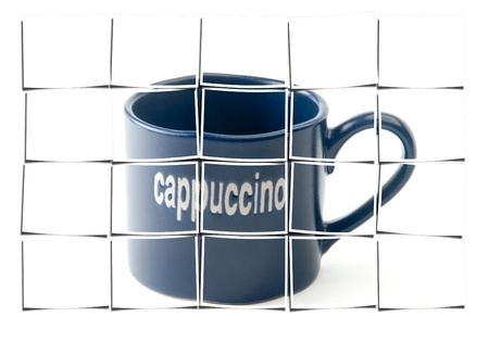 blue cappuccino coffee cup over white collage