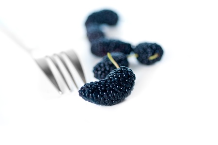 fresh ripe mulberry over white extreme closeup DOF with forkの写真素材