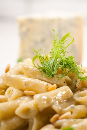 Italian traditional pasta penne gorgonzola and pine nutsの写真素材