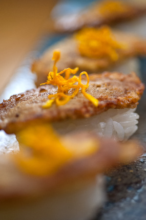 Japanese style sushi fried goose liver macro closeupの写真素材