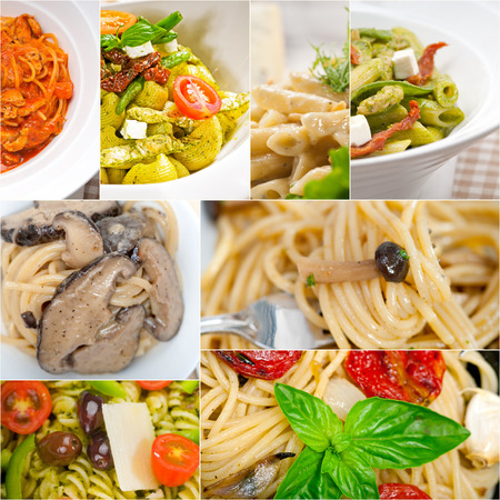 collection of different type of Italian pasta on collage white frameの写真素材