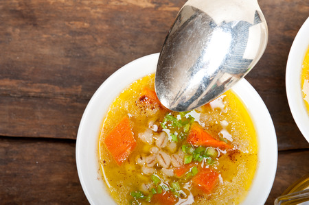traditional Syrian barley broth soup Aleppo style called talbina or tirbiyali typical food after Ramadanの写真素材