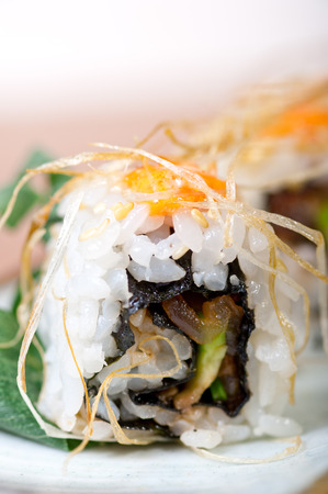 macro closeup of fresh sushi choice combination assortment selectionの写真素材