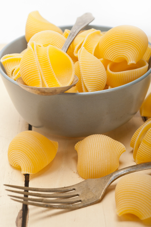 raw Italian snail lumaconi pasta on a blue bowl over rustic table macroの写真素材