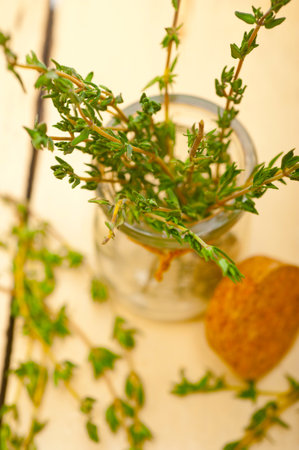 fresh thyme on a glass jar over a white wood rustic tableの写真素材