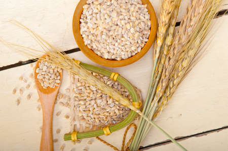 organic barley grains over rustic wood table macro closeupの写真素材