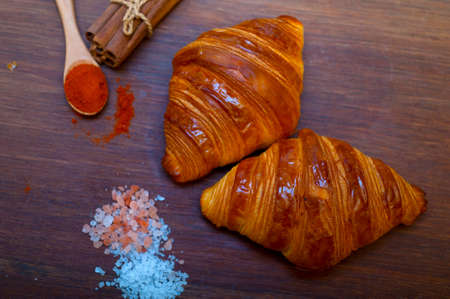 french traditiona croissant brioche butter bread on woodの写真素材