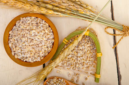 organic wheat grains over rustic wood table macro closeupの写真素材