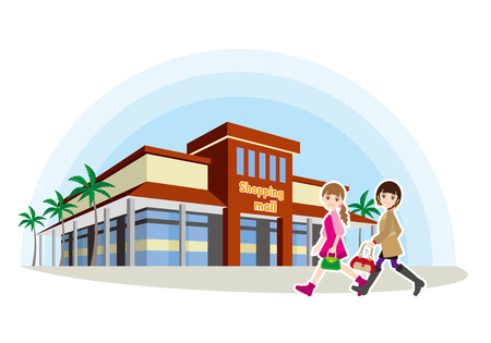 Illustration of shopping with friends walking towards mall.のイラスト素材