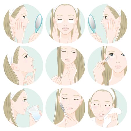 Illustration of a woman doing skin careのイラスト素材