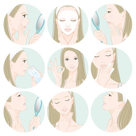 Illustration of a woman doing skin careのイラスト素材