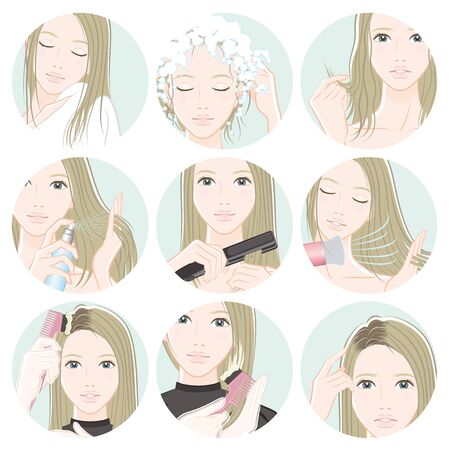 Illustration of woman doing hair careのイラスト素材