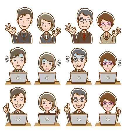 Illustration of facial expression of businessman and businesswomanのイラスト素材