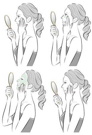 Illustration of a woman doing skin careのイラスト素材