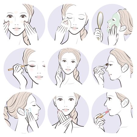Illustration of a woman doing skin careのイラスト素材