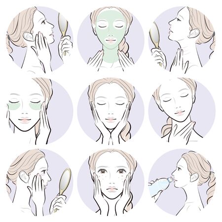 Illustration of a woman doing skin careのイラスト素材