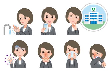 Illustration of businesswoman in poor physical condition. Disease Prevention.のイラスト素材