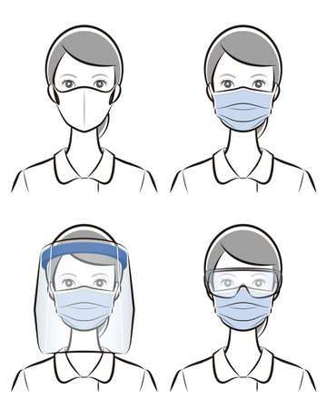Prevention of virus infection, Mask, face shield, woman,のイラスト素材