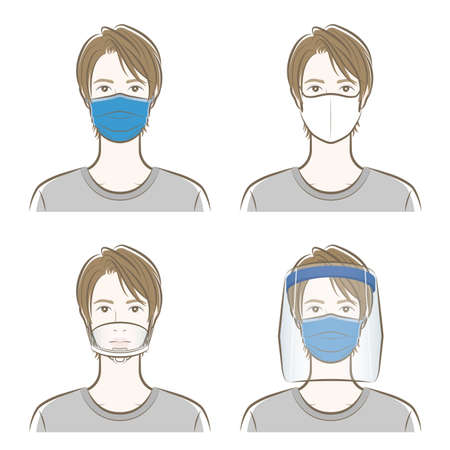 Prevention of virus infection, Mask, face shield, Man,のイラスト素材