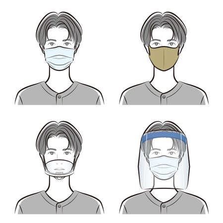 Prevention of virus infection, Mask, face shield, Man,のイラスト素材