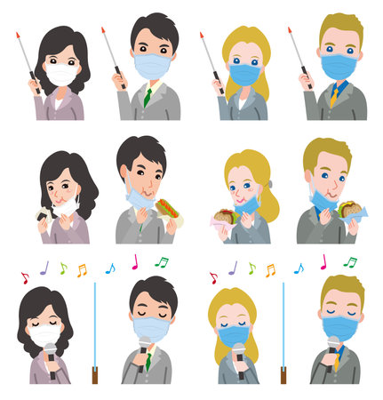 Illustrations of businessman and business woman. Wear a mask.のイラスト素材