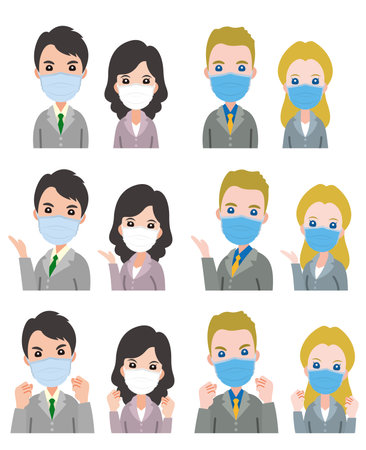 Illustrations of businessman and business woman. Wear a mask.のイラスト素材