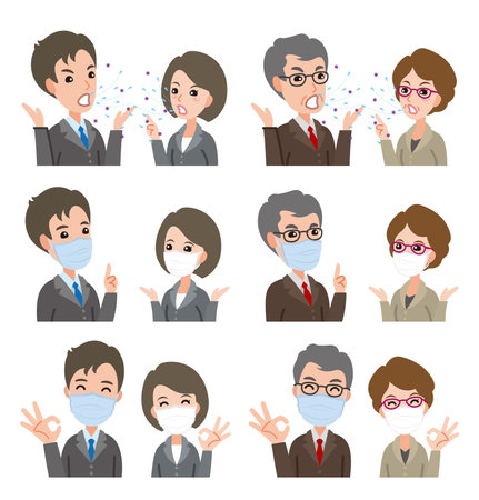 Illustrations of businessman and business woman. Wear a mask.のイラスト素材