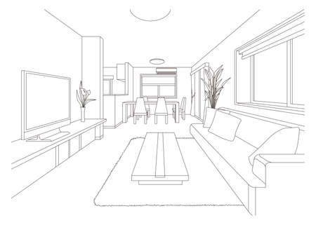 Living room line drawing vector illustration.のイラスト素材