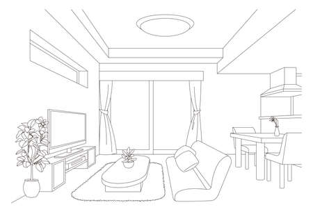 Living room line drawing vector illustration.のイラスト素材