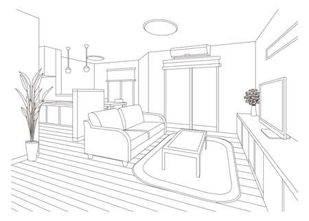 Living room line drawing vector illustration.のイラスト素材