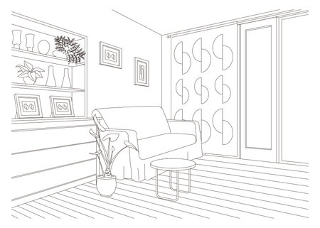 Living room line drawing vector illustration.のイラスト素材