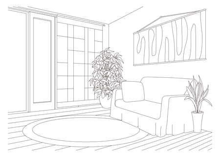 Living room line drawing vector illustration.のイラスト素材