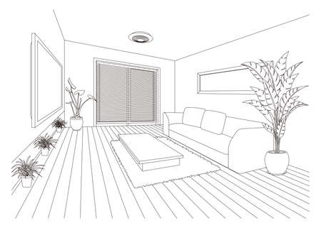 Living room line drawing vector illustration.のイラスト素材