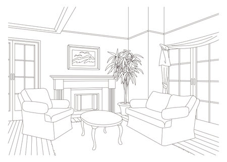 Living room line drawing vector illustration.のイラスト素材