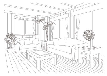 Living room line drawing vector illustration.のイラスト素材