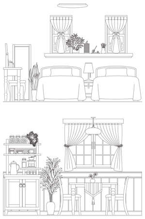 Line drawing vector illustration of the Interior. Dining room and bedroom.のイラスト素材